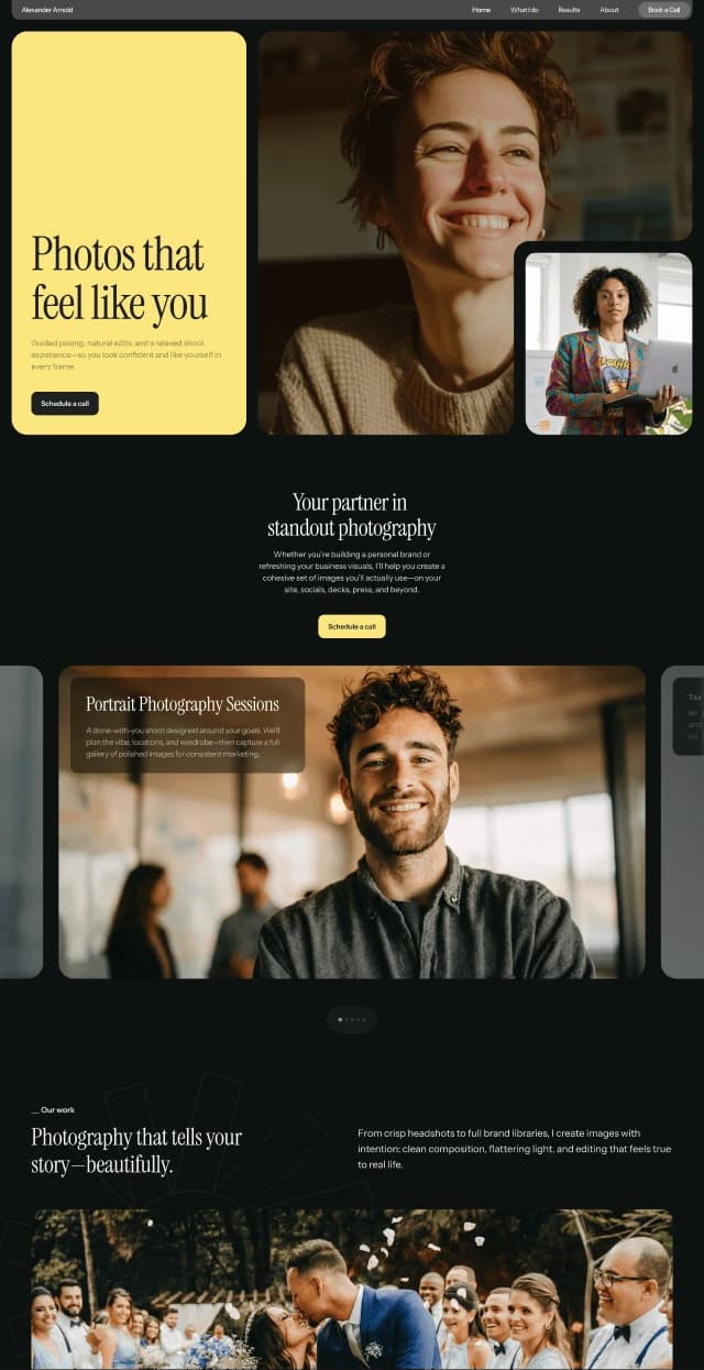 Alexander Arnold Photography homepage showcasing compelling portrait photography and beautiful wedding moments on a modern dark-themed site.