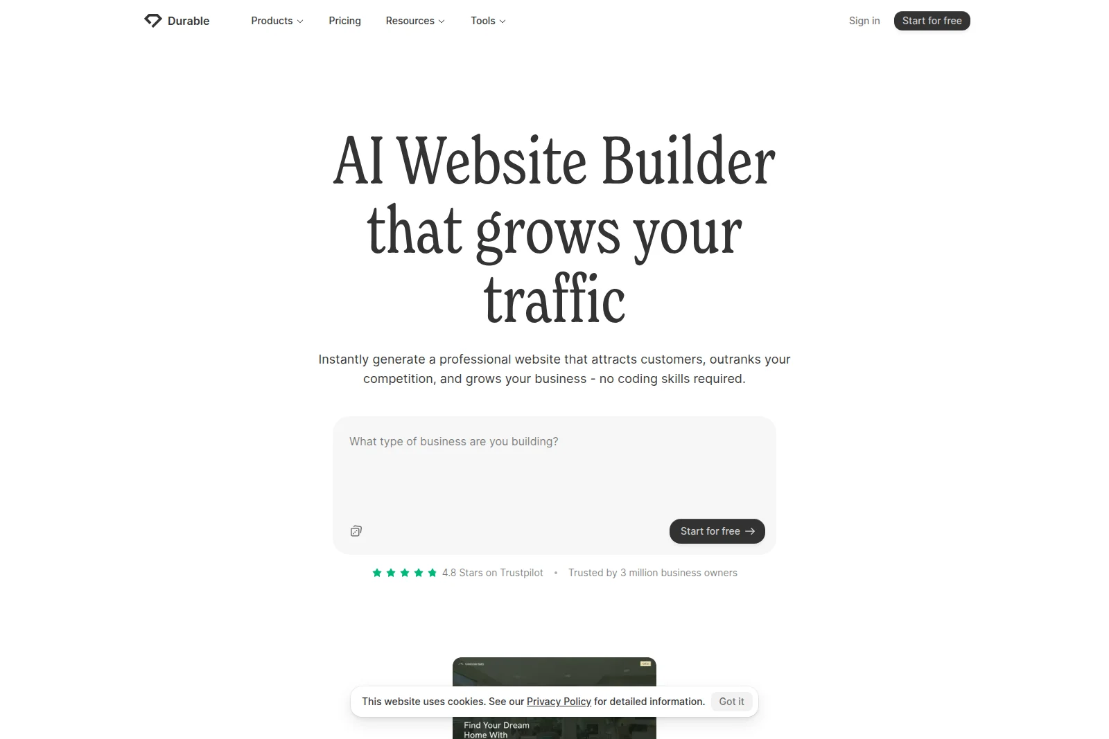 Durable AI Website Builder landing page with a central input field asking 'What type of business are you building?' in a clean, minimalist design.