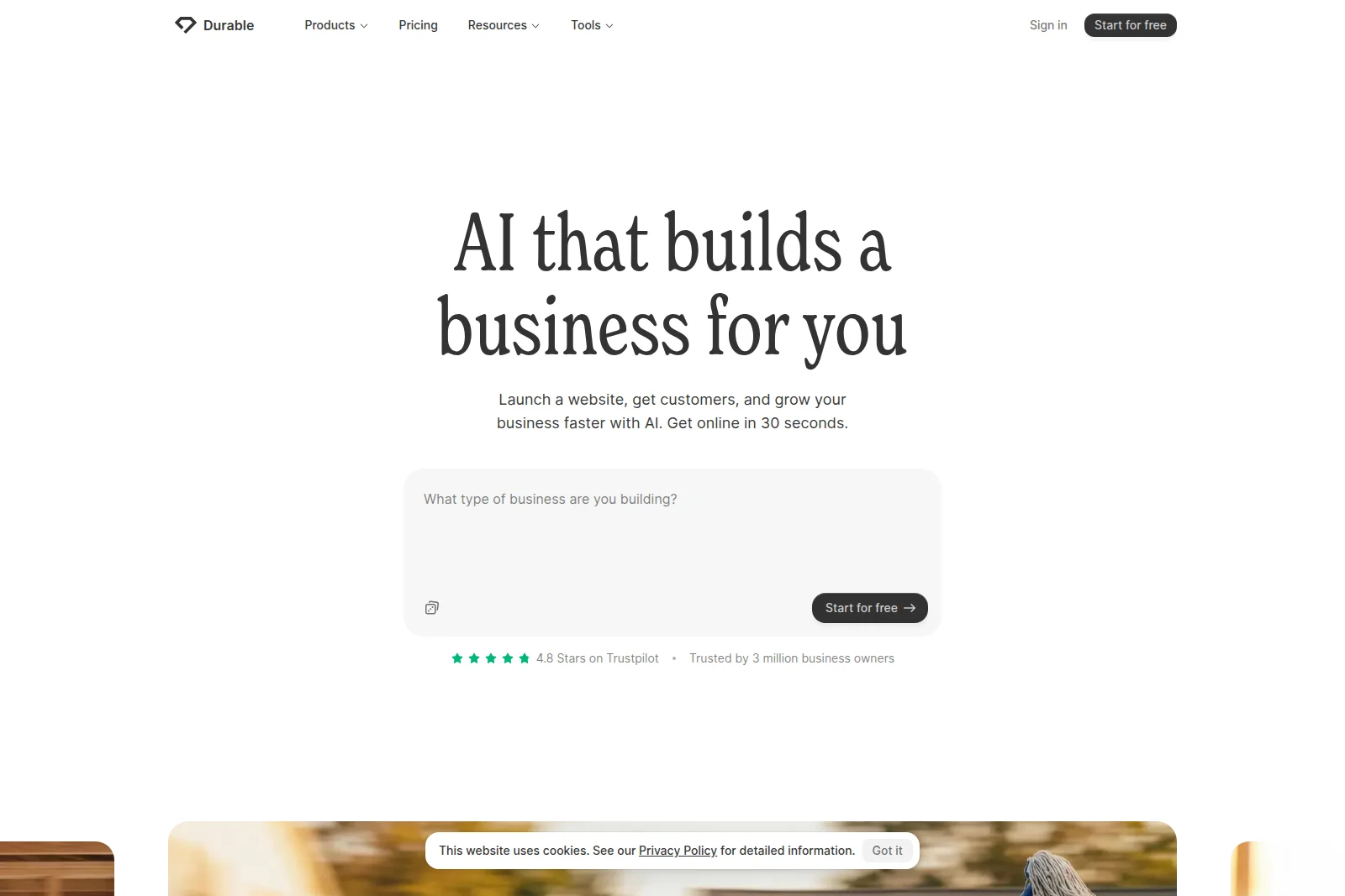 Durable homepage showing an AI-powered business builder input prompt with a clean, minimalist design