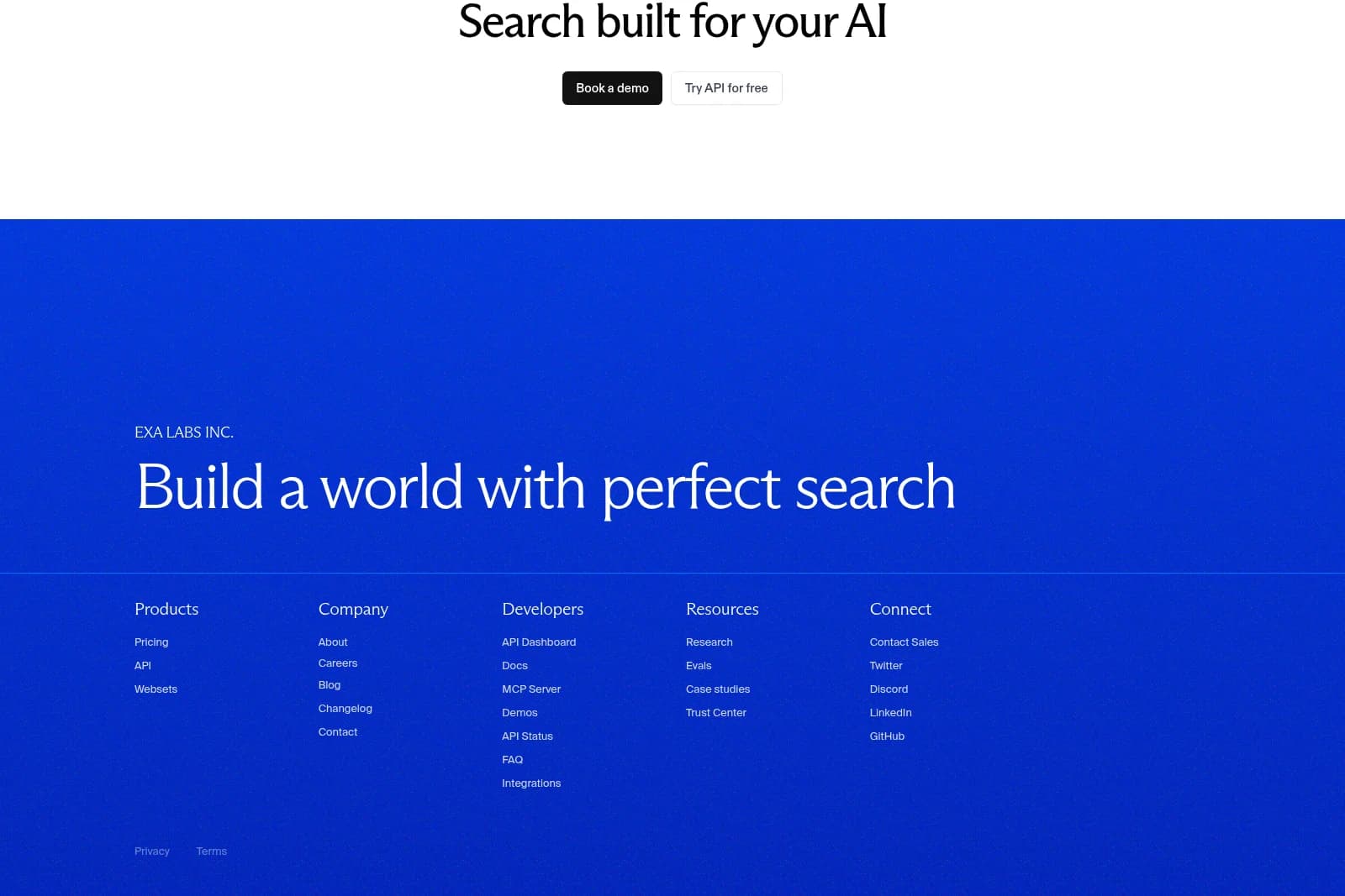 Exa AI landing page promoting AI search capabilities and API access with a clean, modern interface.
