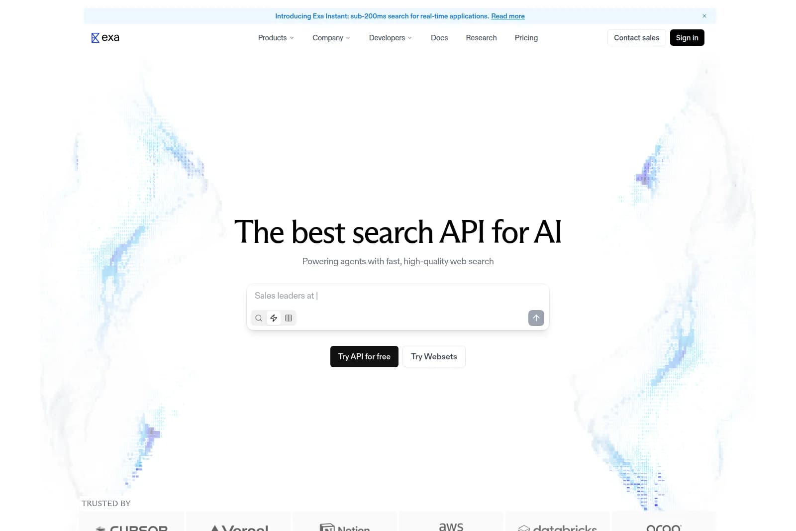 Exa AI homepage displaying the core search API input field for AI agents with a prompt 'Sales leaders at |' and a clean, modern design.