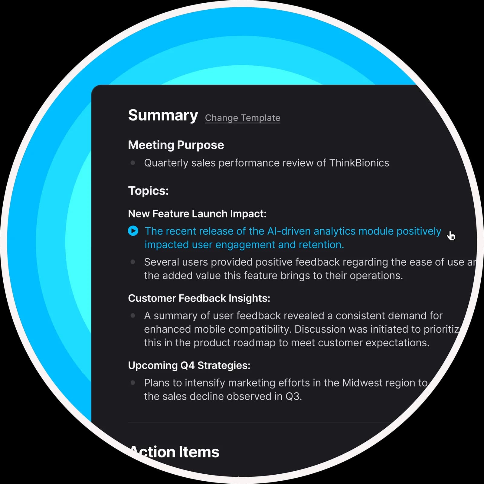 fathom meeting summary UI showing AI analytics impact on user engagement and retention with a dark-mode interface.