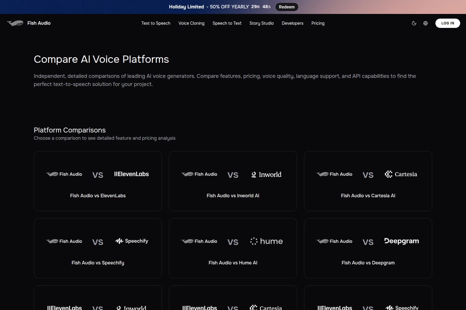 Fish Audio platform comparison overview showing multiple AI voice platforms side-by-side against Fish Audio in a dark-mode layout.