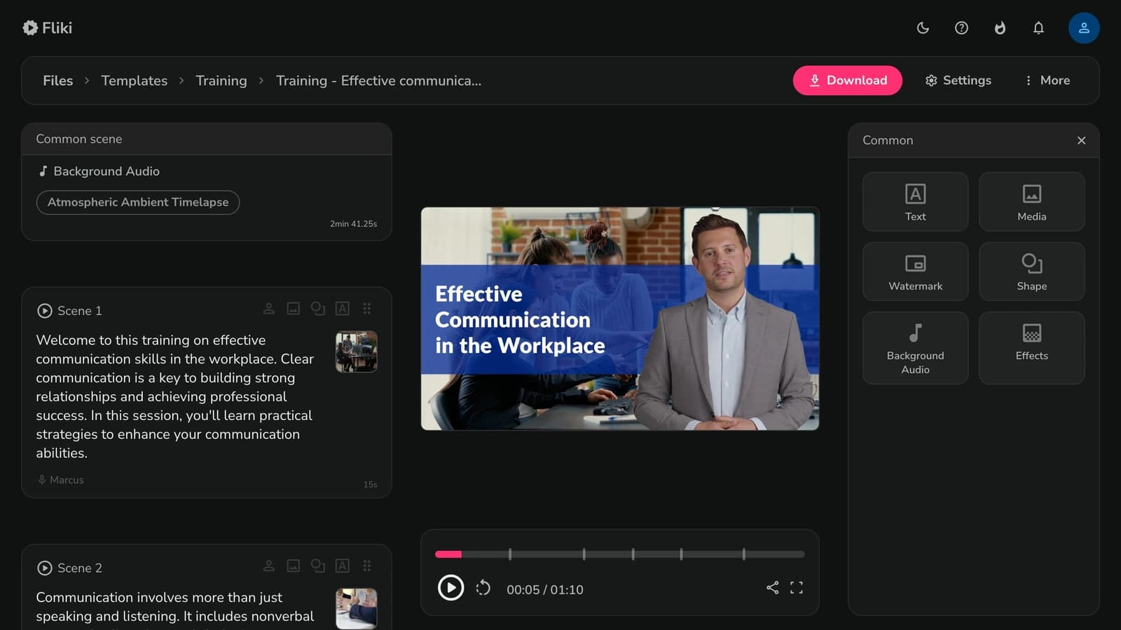Fliki video editing workspace showing a training video being created with scenes, background audio, and a dark-mode interface.
