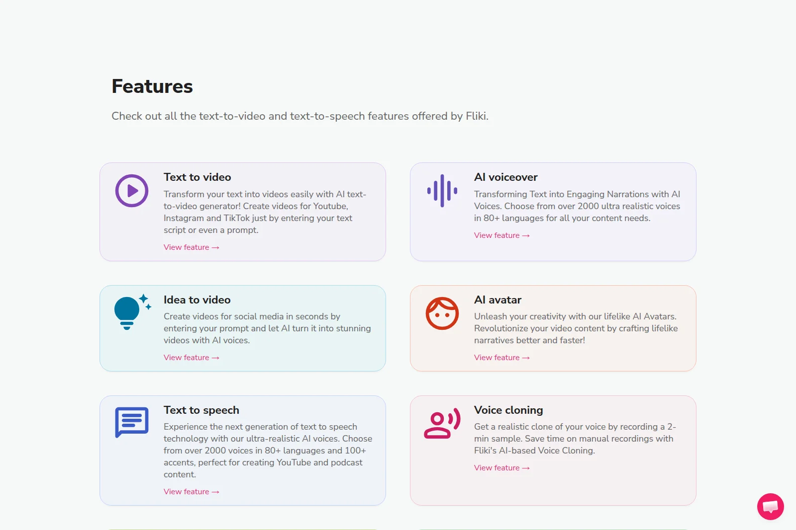 Fliki features page showcasing text-to-video, AI voiceover, and voice cloning in a clean, card-based interface.