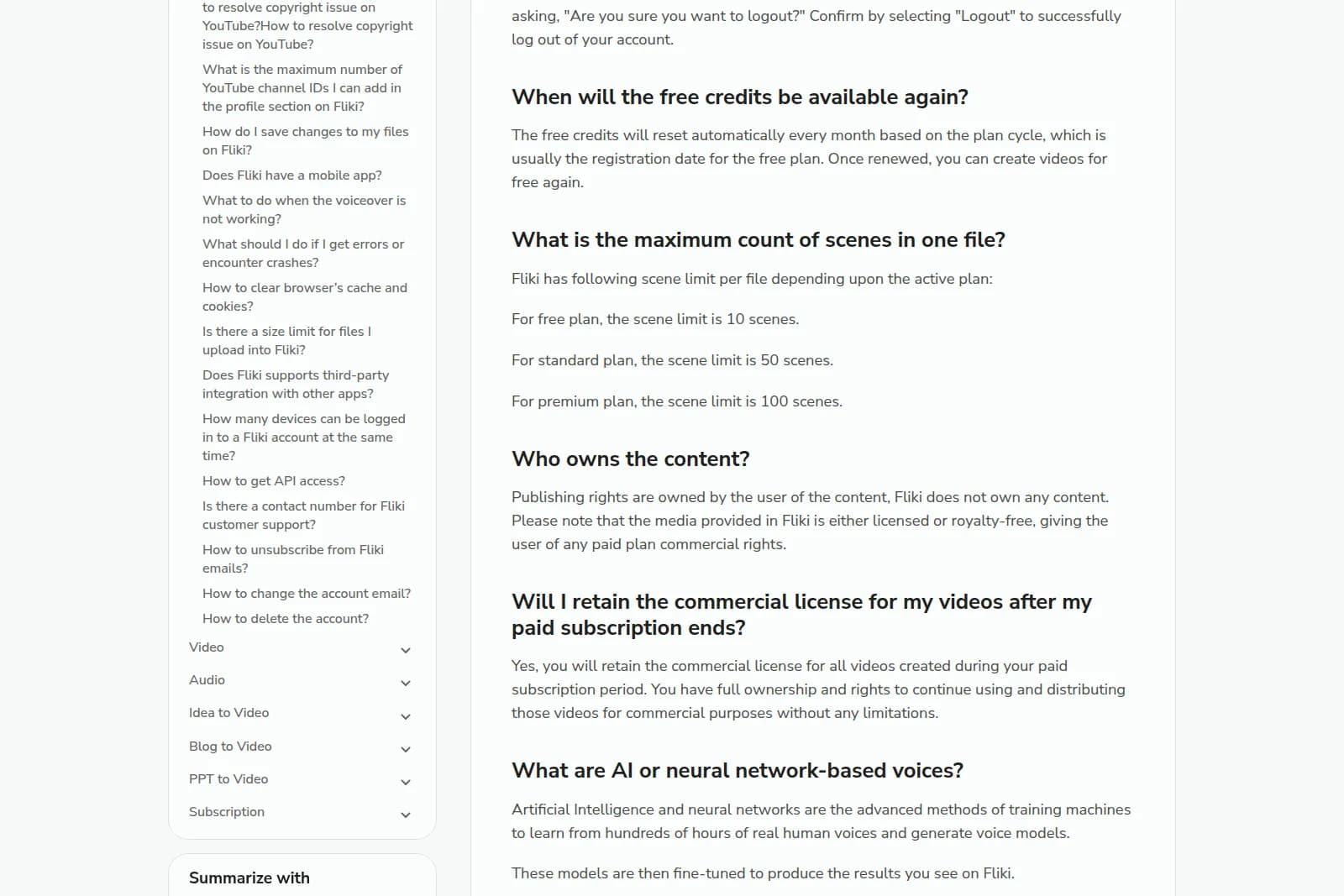 Fliki FAQ page showing questions and answers about scene limits, content ownership, and commercial licenses in a clean light theme.