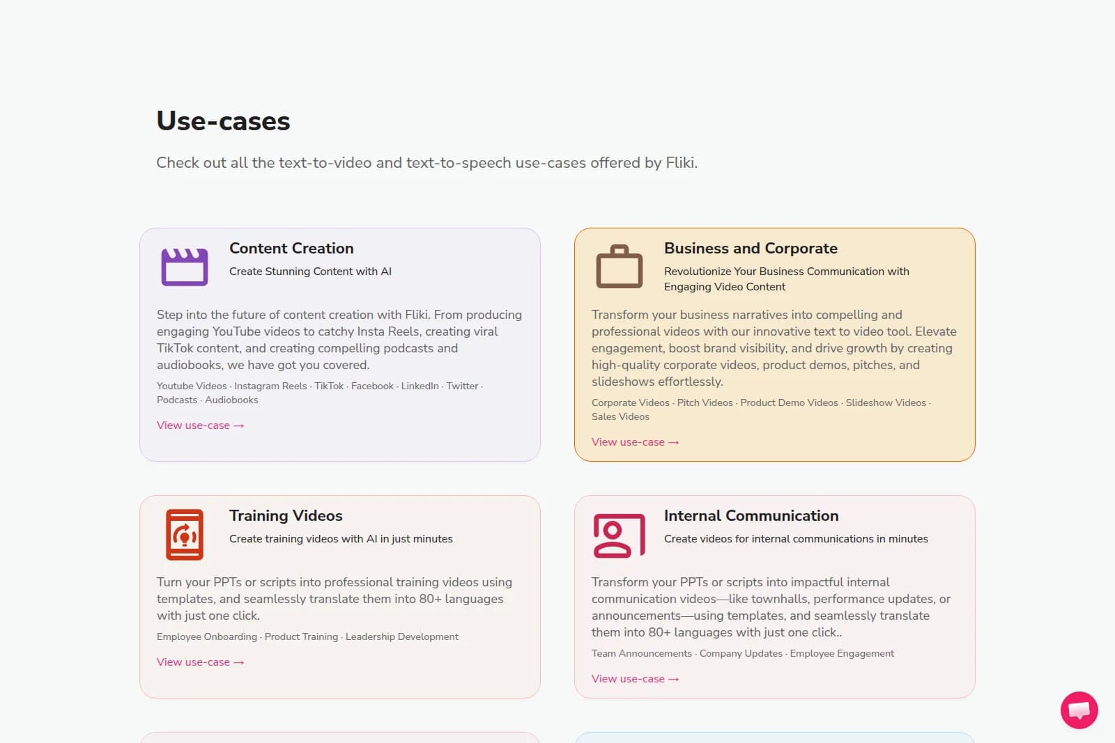 Fliki use cases page showing content creation, business, training, and internal communication applications in a clean card layout.