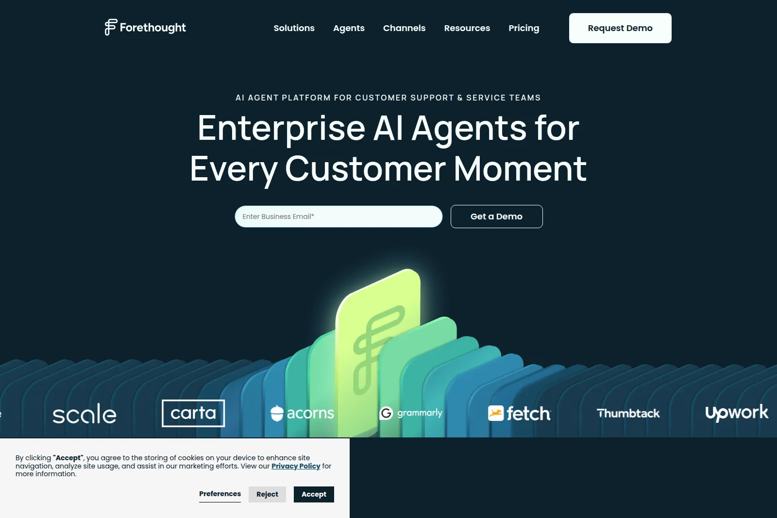 Forethought AI agent platform homepage hero with a large headline, email input, and partner logos
