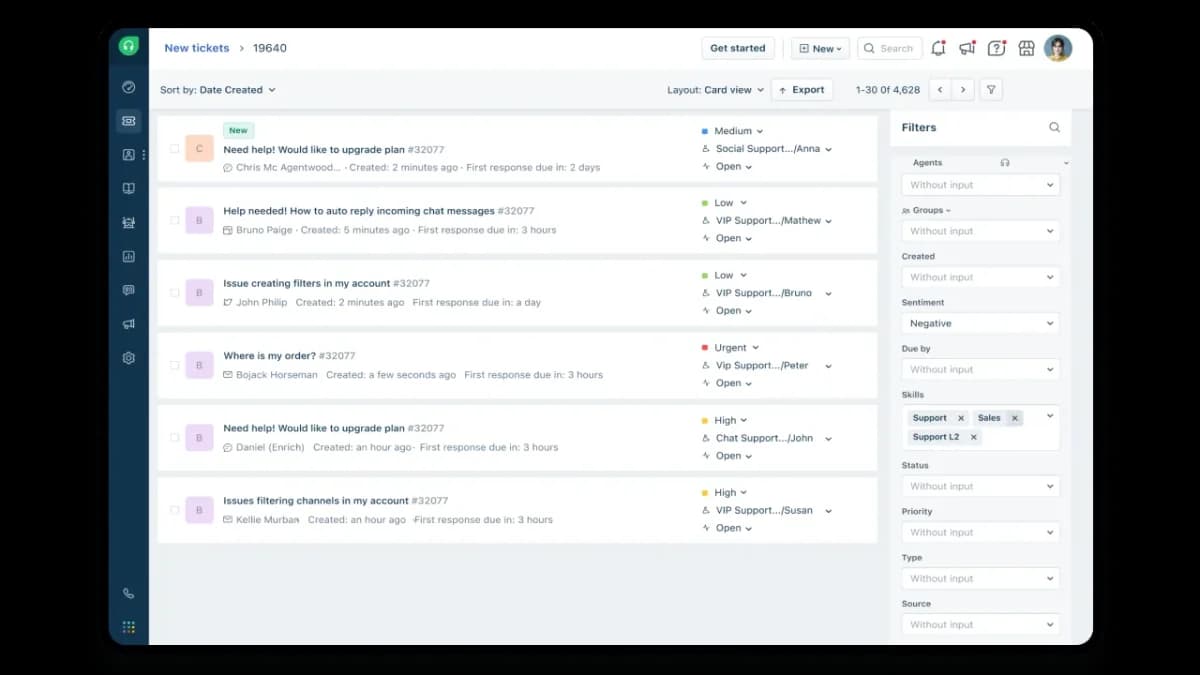 Freshdesk new tickets list showing support requests and detailed filters in a clean, light-themed interface.