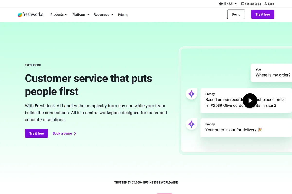 Freshdesk customer service chat interface showing AI-powered order inquiry resolution in a modern, clean design.