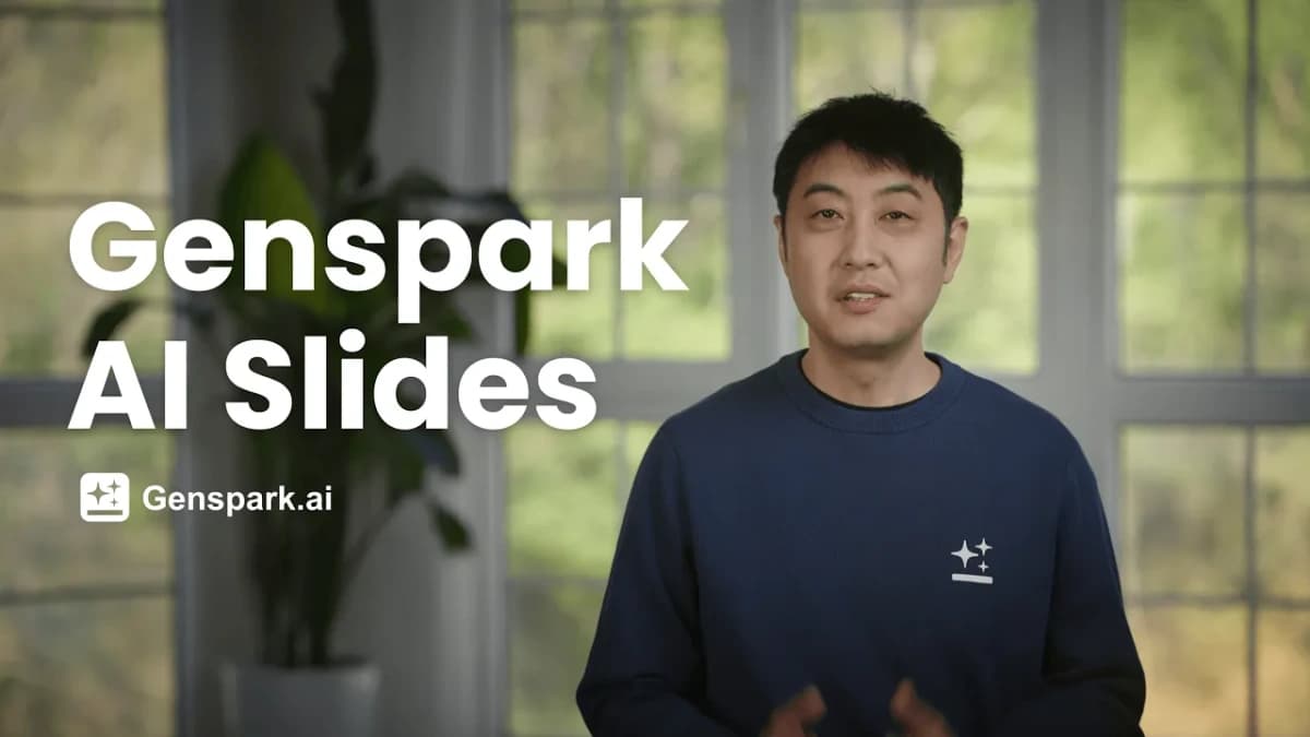 Genspark AI Slides promotional image featuring a presenter discussing the AI presentation tool.