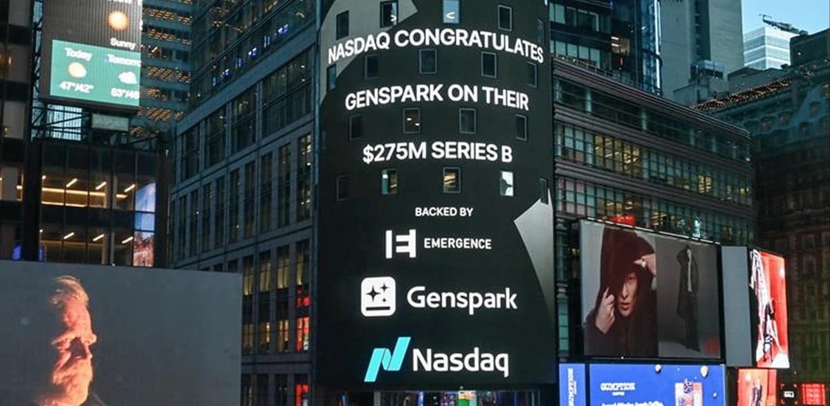 Genspark brand promotion celebrating their $275M Series B funding on a prominent Nasdaq billboard in a bustling city environment.