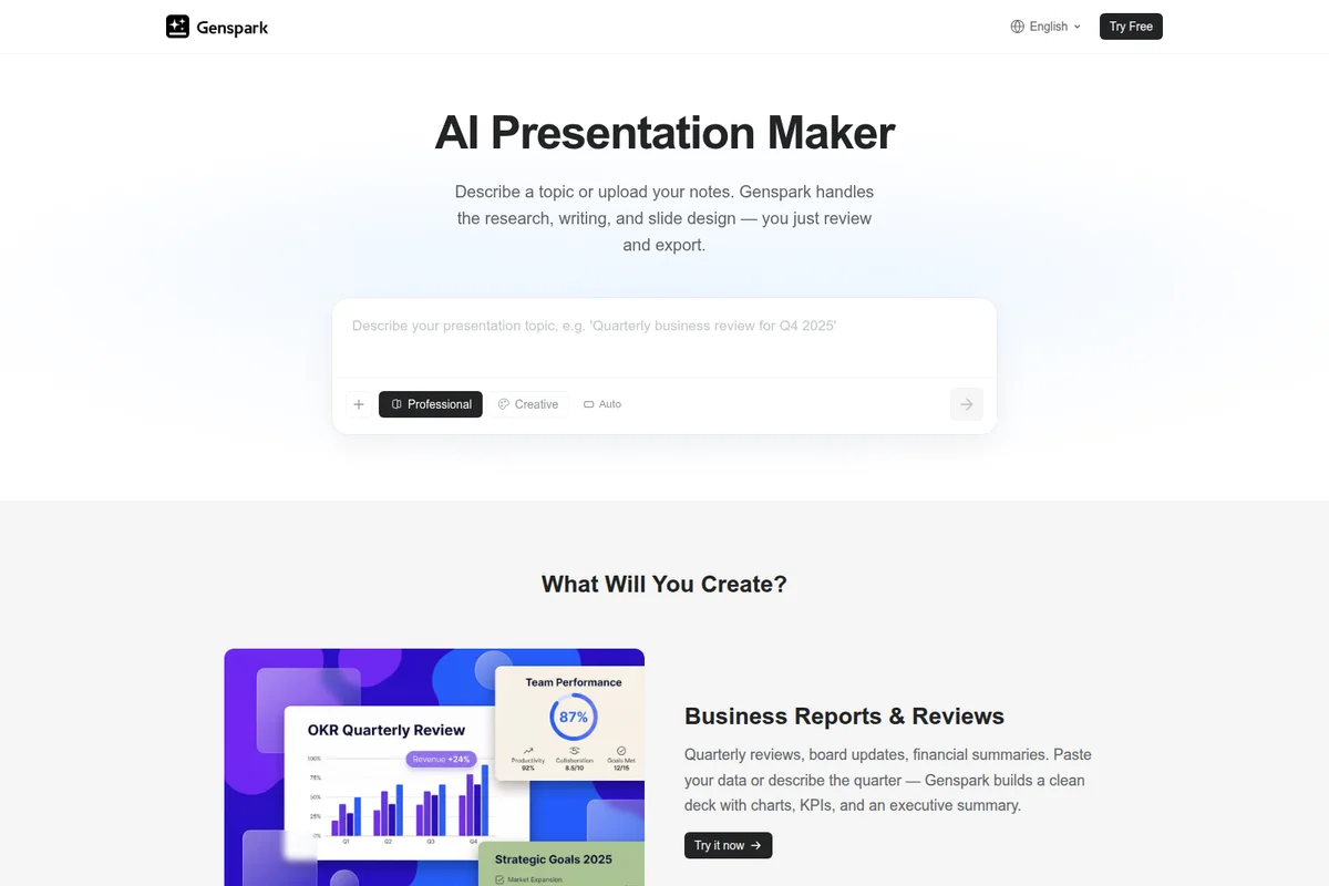 Genspark AI Presentation Maker's hero section showing the presentation topic input and output examples in a modern, clean UI.