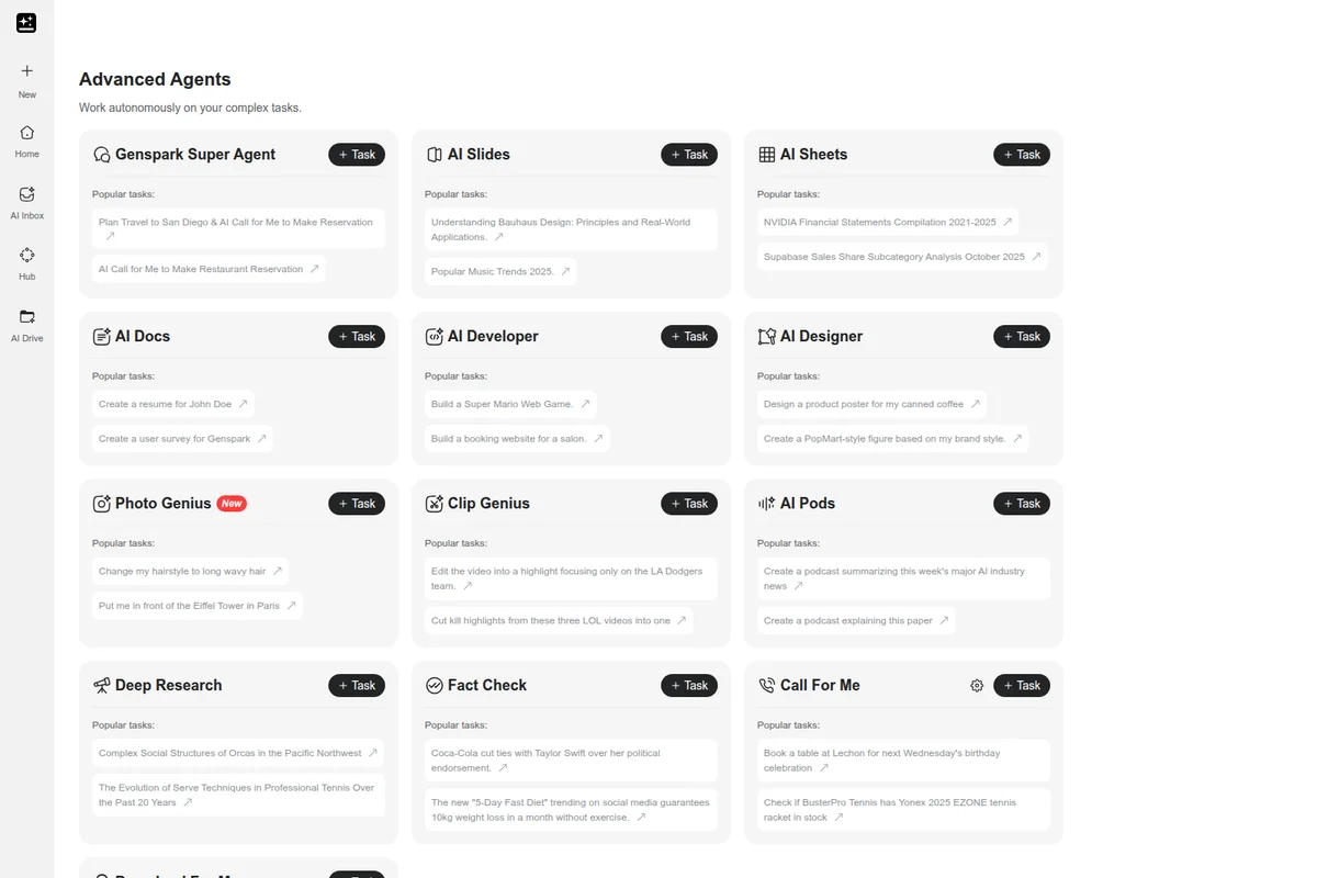 Genspark AI agents page displaying a list of specialized agents with popular task examples in a clean, modern interface.