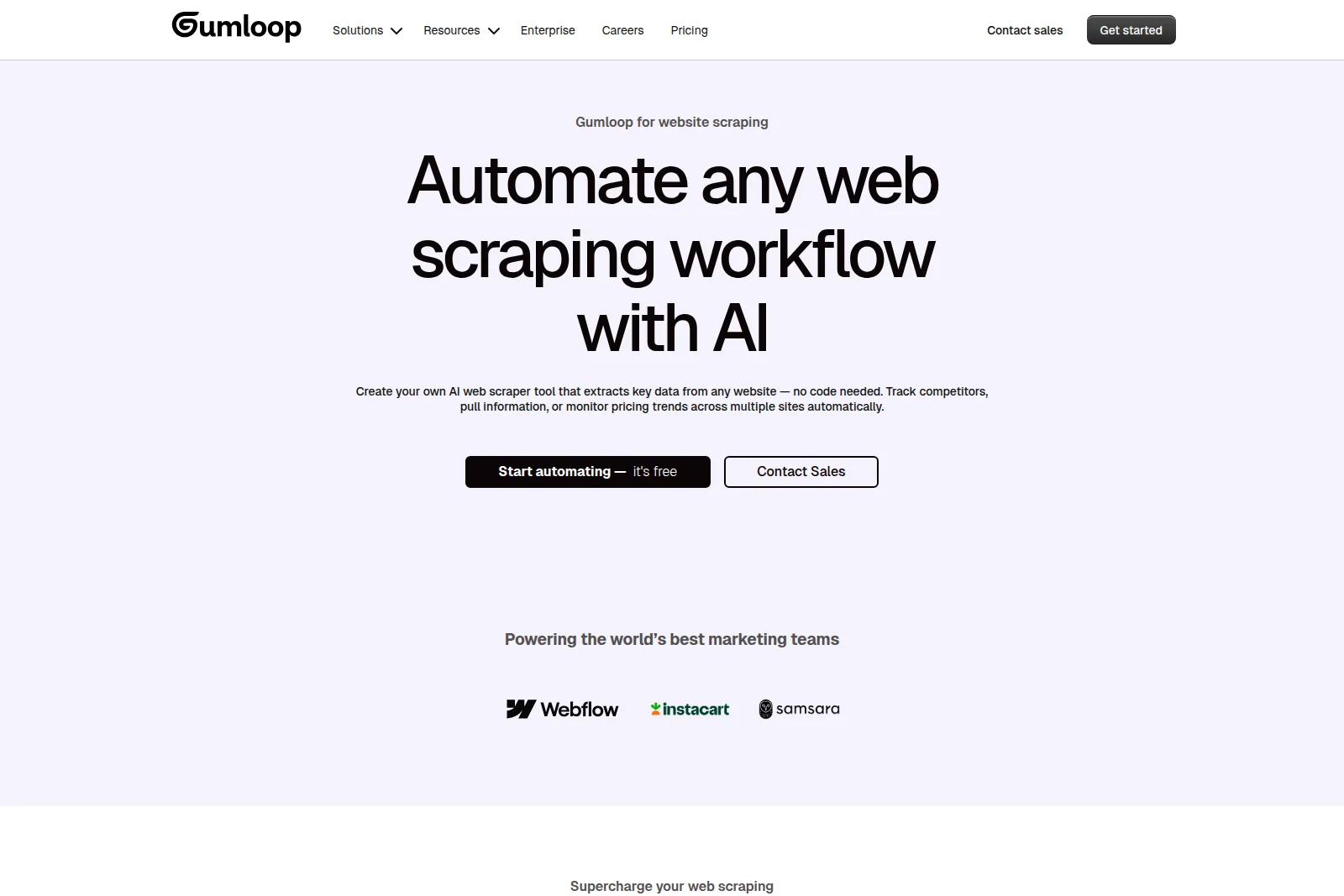 Gumloop landing page hero section showcasing the core value proposition of automating web scraping with AI, presented with a clean minimalist interface.