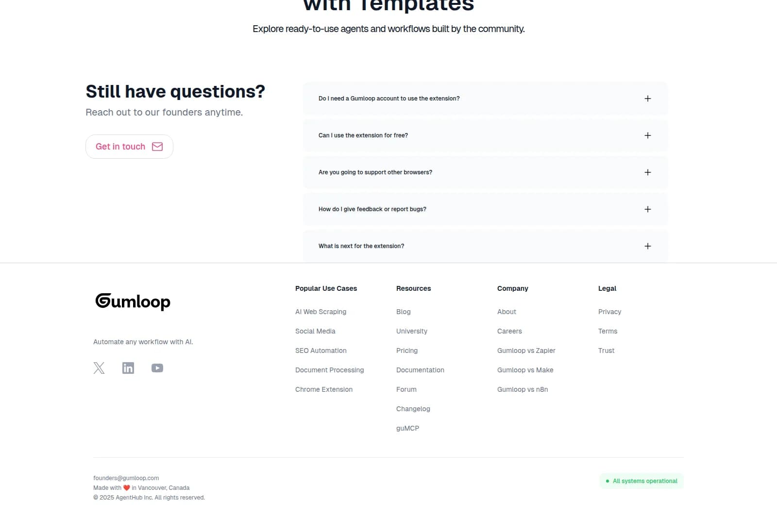 Gumloop FAQ page showing common questions about the browser extension and contact information in a clean, light interface.