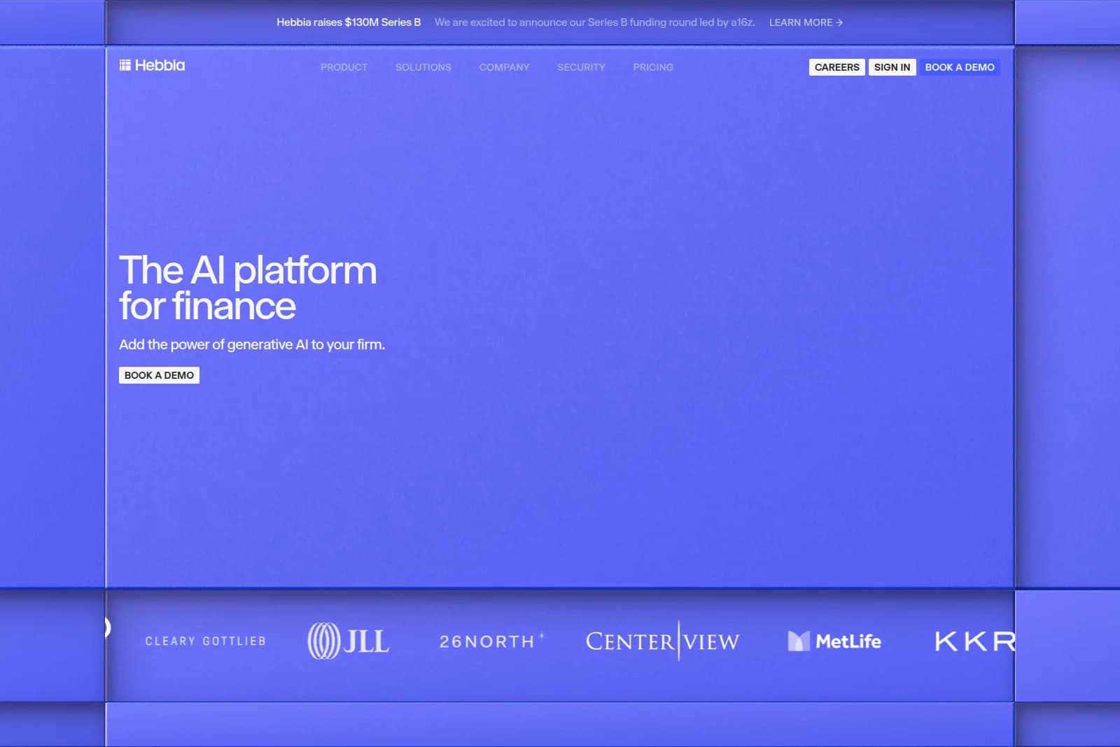 Hebbia landing page hero section showcasing the AI platform for finance and trusted client logos with a modern blue-themed interface.