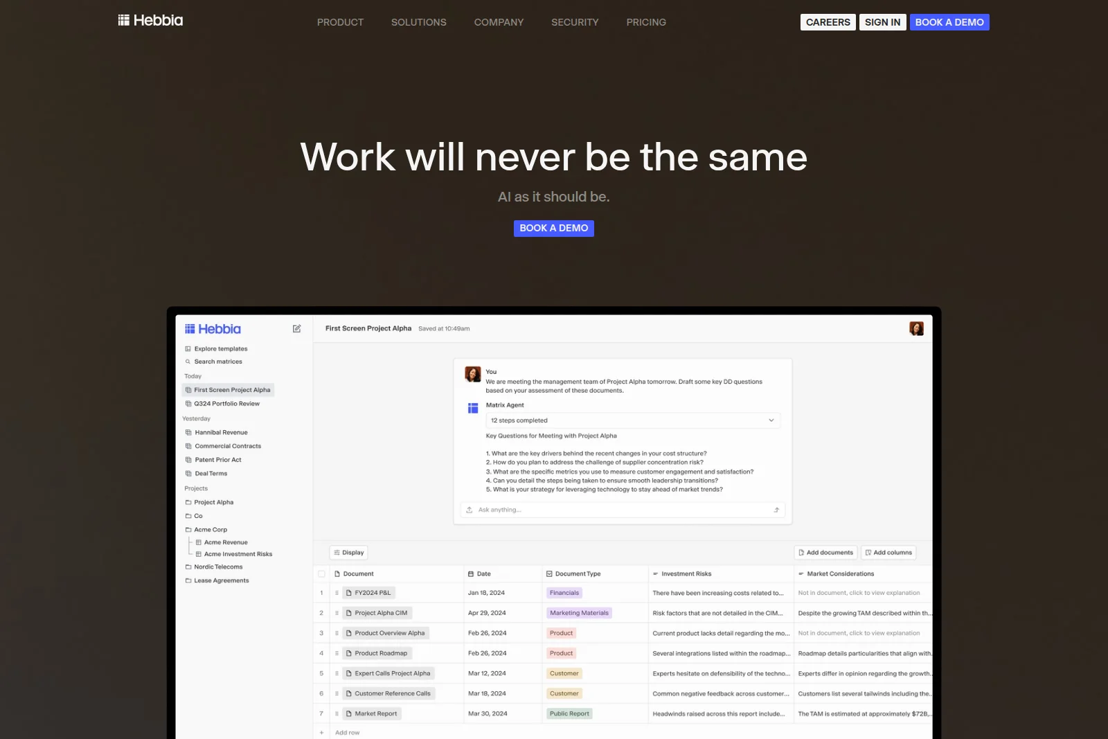 Hebbia workspace UI showing an AI agent generating key questions from documents and displaying a detailed document table with investment risks in a dark theme.