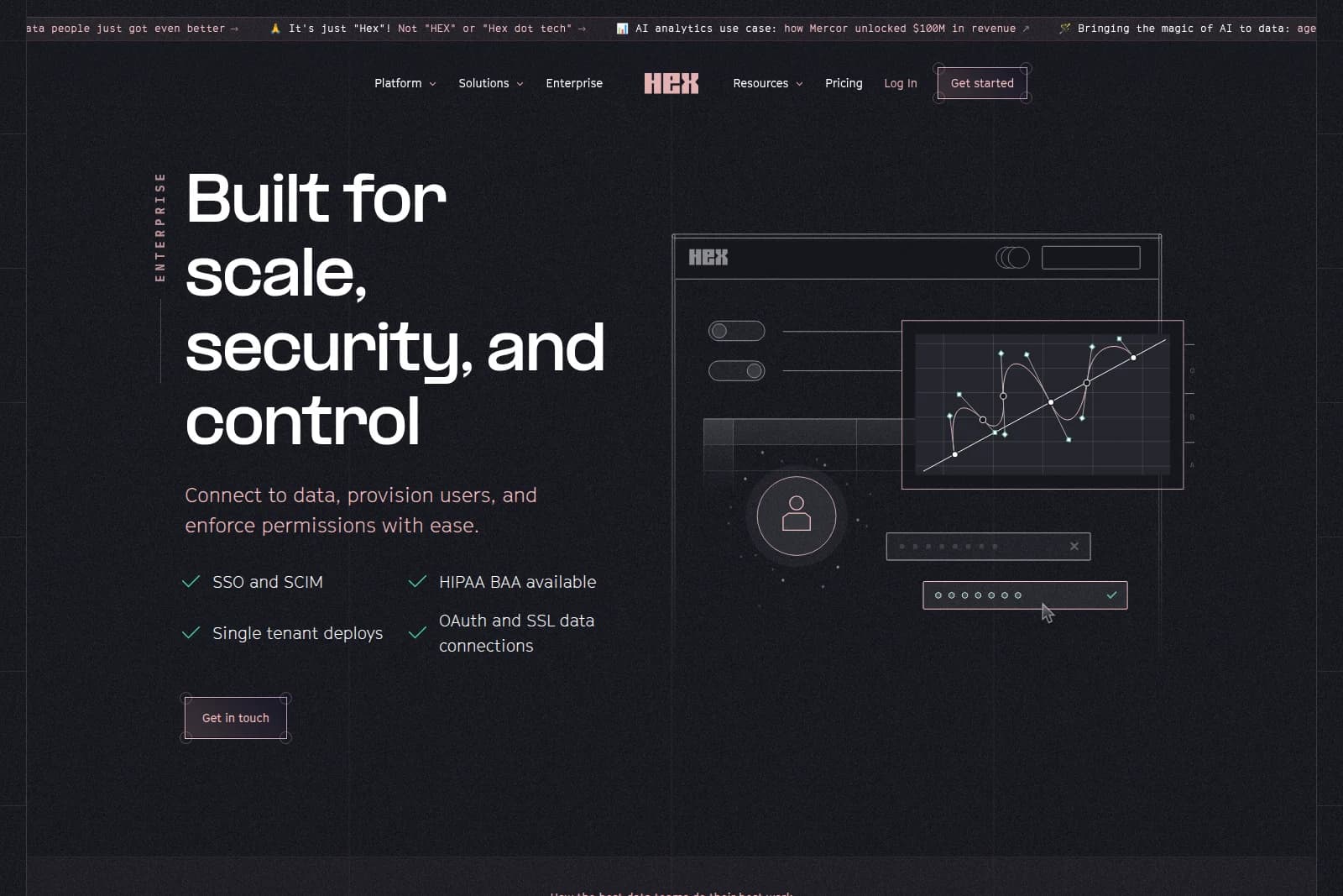 Hex enterprise overview showing data security, user provisioning, and scalable infrastructure in a modern dark-mode UI with a data graph.