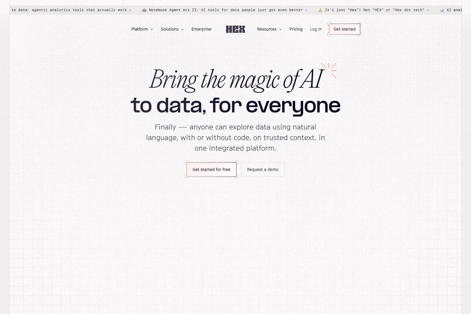 Hex homepage hero section showcasing the core value proposition 'Bring the magic of AI to data, for everyone' with a clean, modern design.