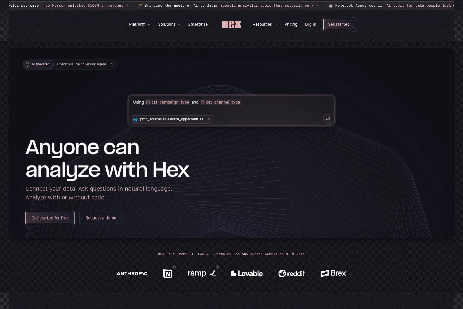 Hex workspace showing natural language data analysis input with a dark-mode sleek aesthetic