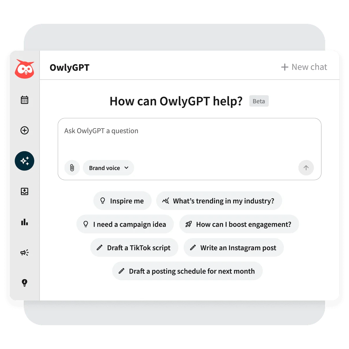OwlyGPT AI chat workspace showing prompt input and suggested social media content creation actions within a clean, modern white interface.