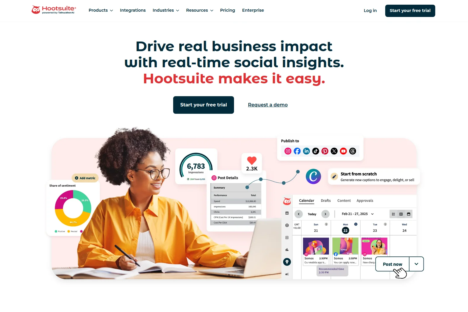 Hootsuite workspace UI showing social media scheduling, post analytics, and publishing options with a clean, modern interface.