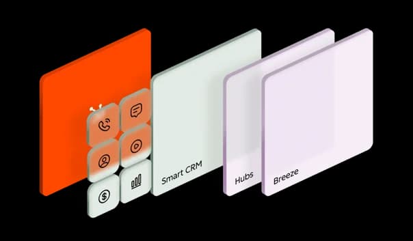 HubSpot platform concept showing layered Smart CRM, Hubs, and Breeze modules with glassmorphism icons in an isometric view.