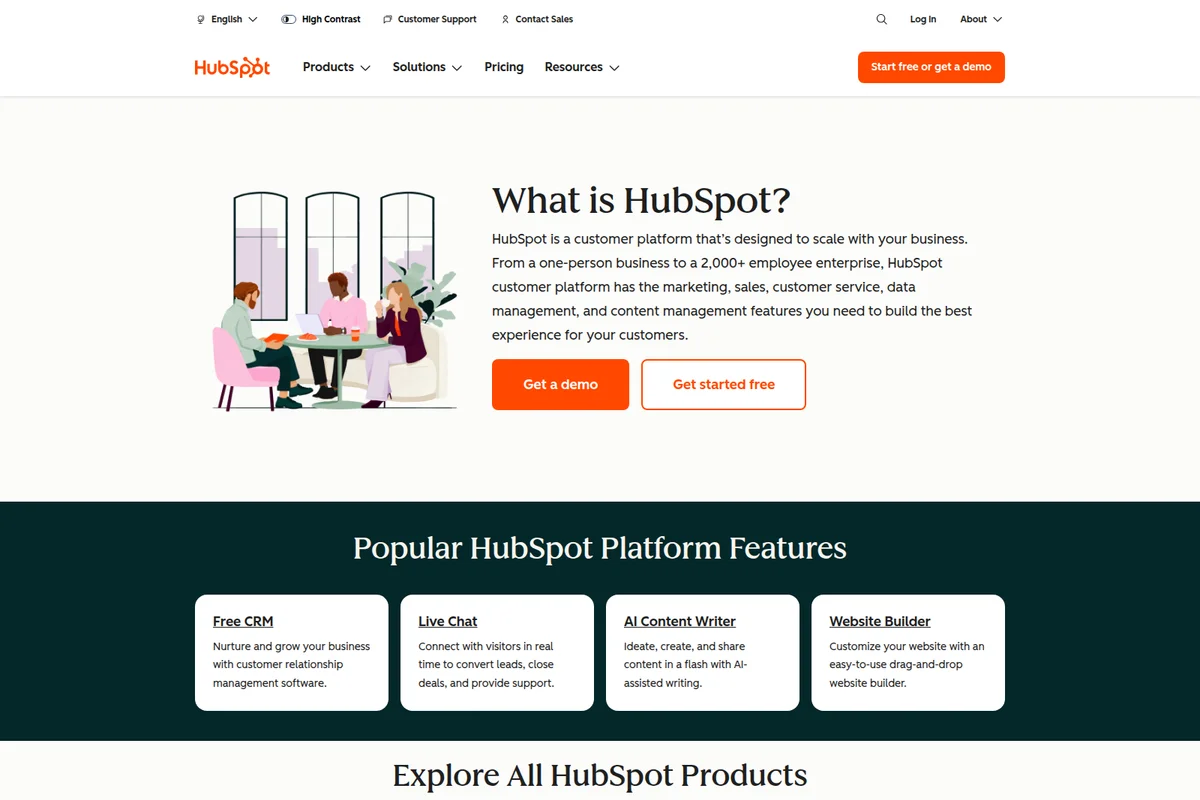 HubSpot marketing page showing a platform overview with an illustration of a team collaborating and feature cards for CRM, Live Chat, and AI Content Writer.