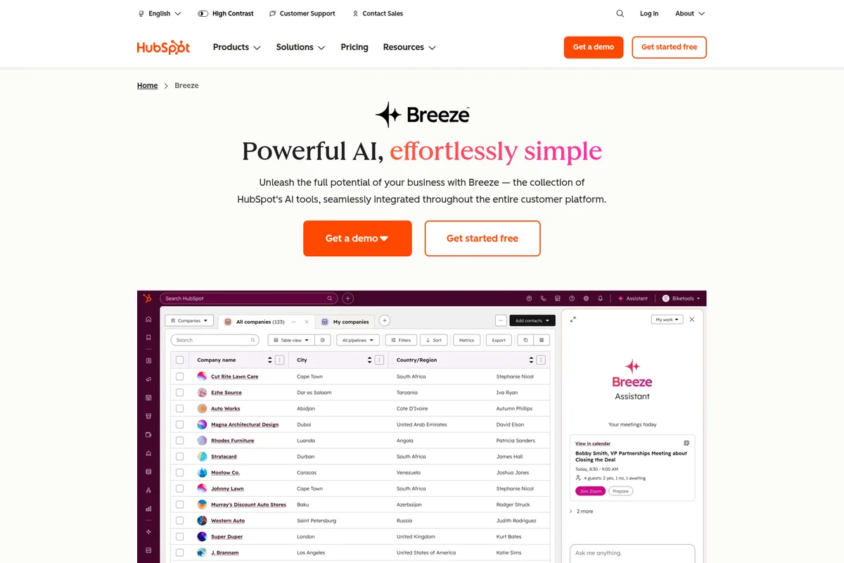 HubSpot Breeze workspace showing AI Assistant with company contacts and upcoming meetings in a clean interface.