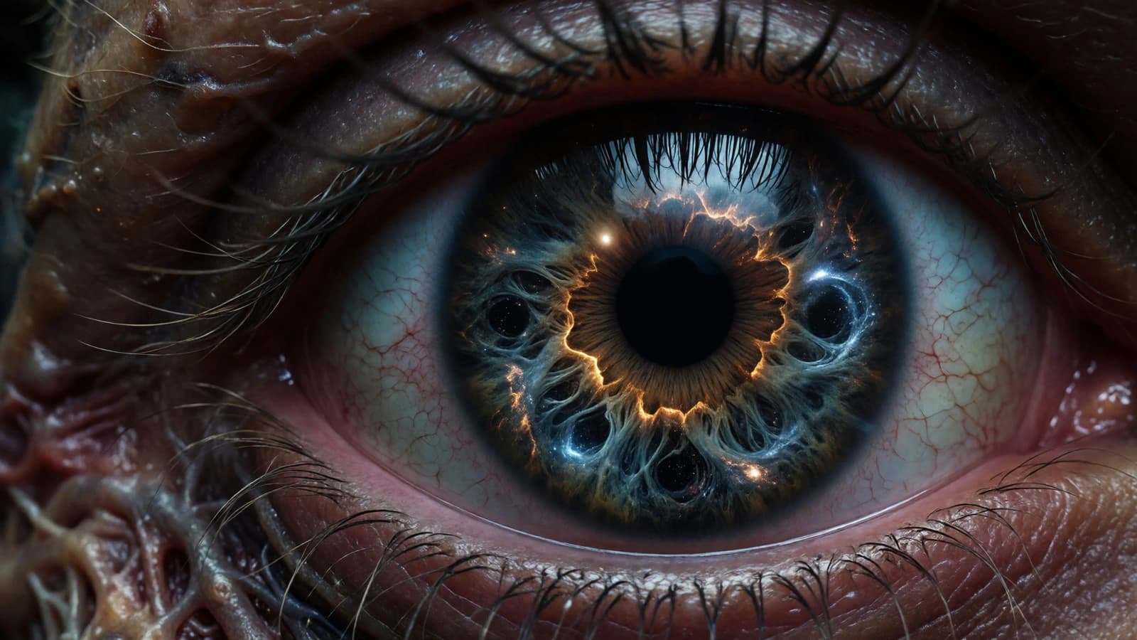 imagineart output sample showing a surreal, hyperrealistic human eye with a glowing, cosmic galaxy-like iris.