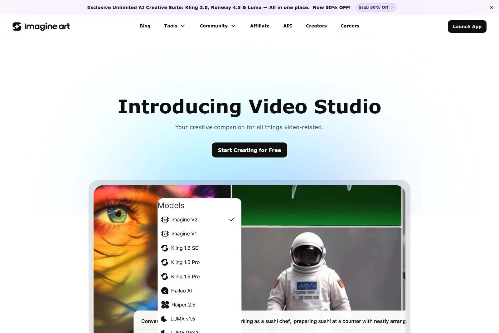Imagine Art Video Studio feature page with AI model selection dropdown and generated example images.