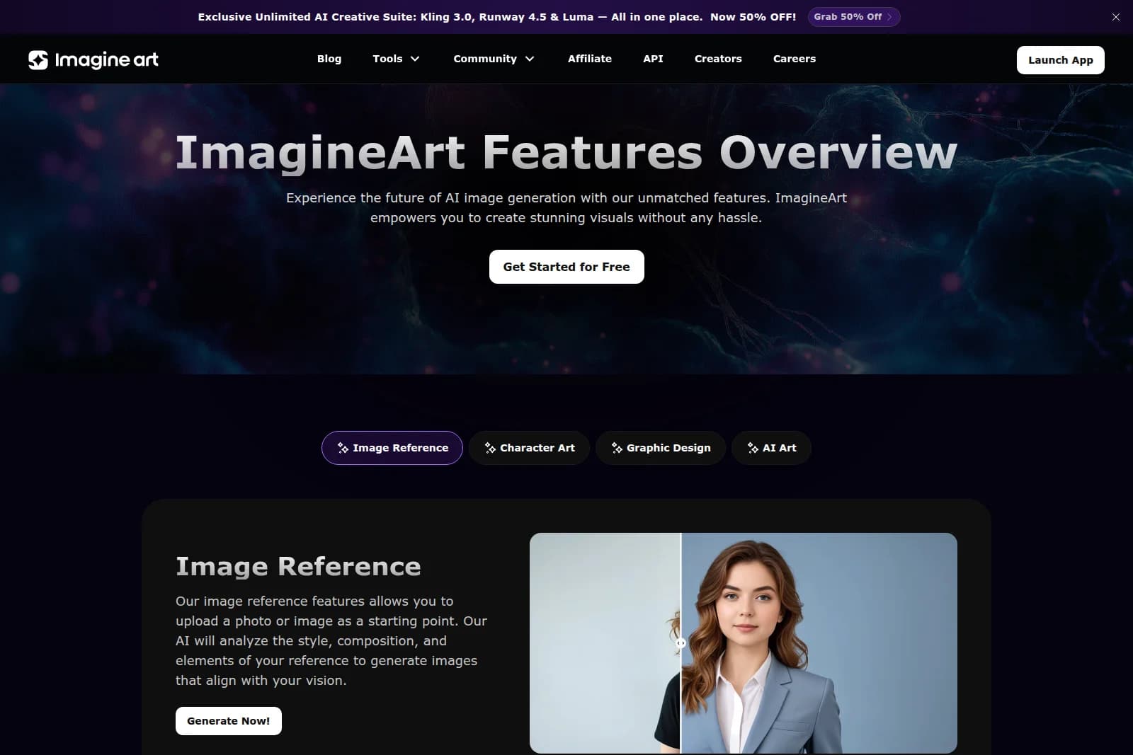 ImagineArt features page showing the 'Image Reference' feature with a split-screen demonstration of a portrait against a plain background, within a dark-themed UI.