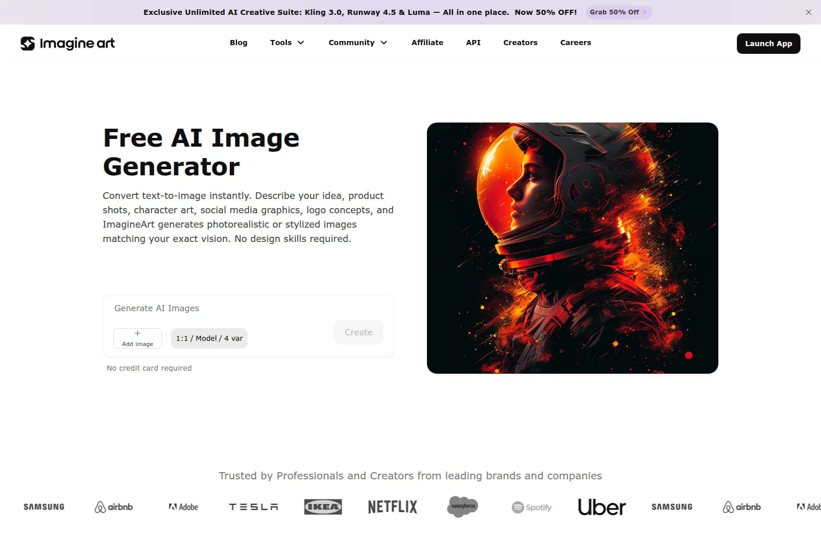 ImagineArt workspace displaying text-to-image prompt input and a striking AI-generated astronaut portrait.