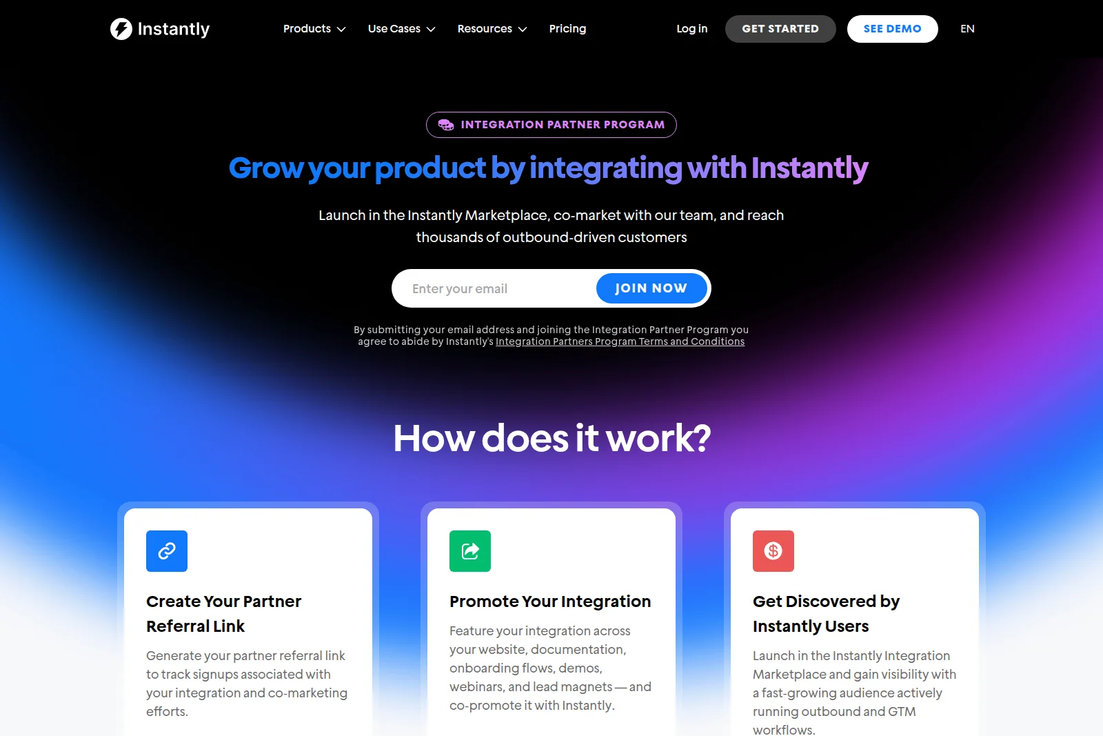 Instantly Integration Partner Program page encouraging product integration with a dark-mode, vibrant gradient interface.