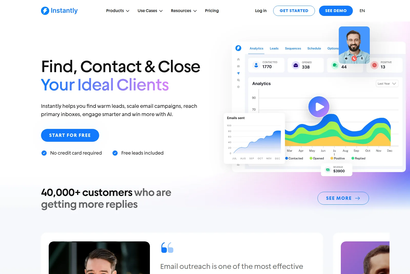 Instantly AI dashboard showing email outreach campaign analytics, lead tracking, and performance metrics in a modern interface.