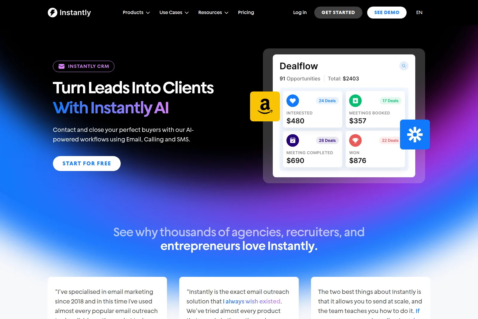 Instantly AI CRM 'Dealflow' workspace showing sales opportunities, deals interested, booked meetings, and won deals in a dark-mode interface.
