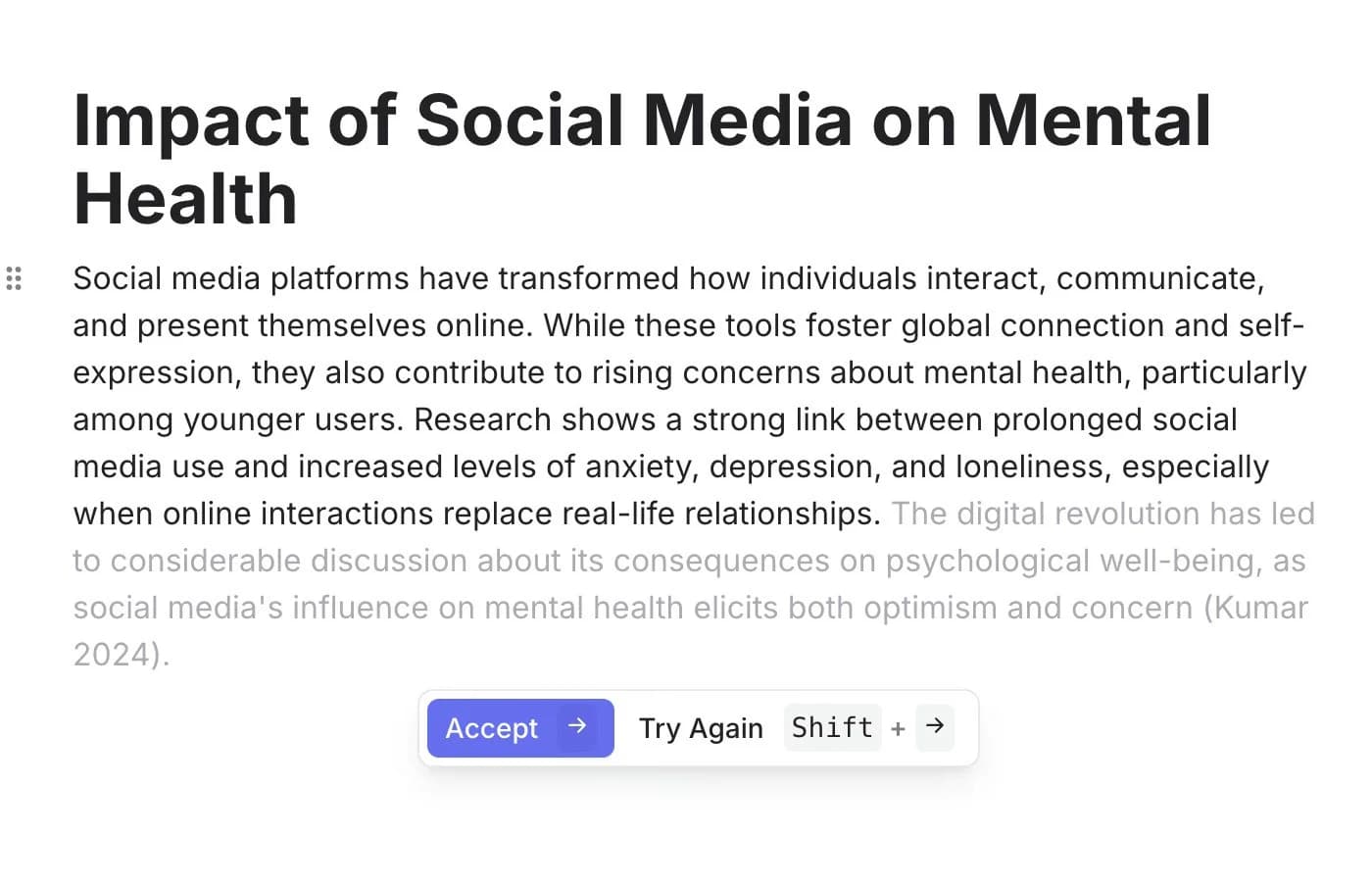 Jenni AI workspace showing AI-generated text for an article on 'Impact of Social Media on Mental Health' with an 'Accept' and 'Try Again' editing interface.