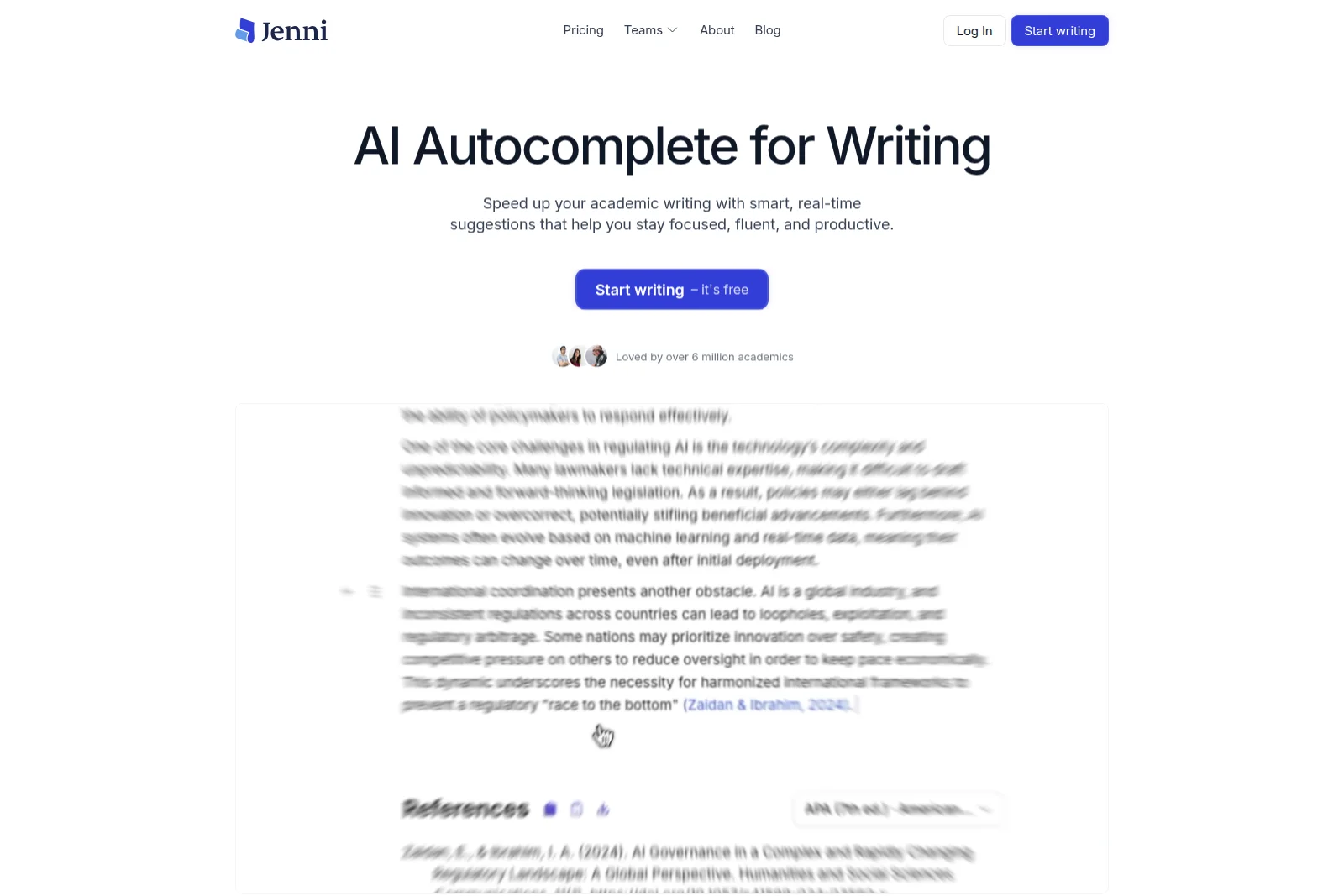 Jenni AI landing page hero section showcasing AI autocomplete for writing with a clean, minimalist design.