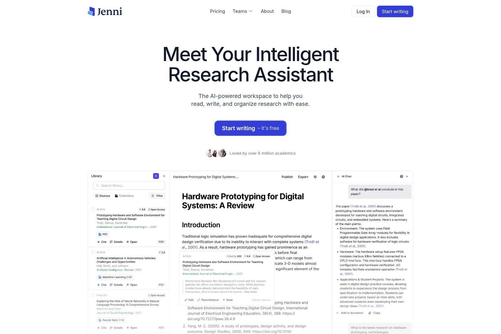Jenni AI workspace showing a research paper library, document viewer, and AI chat assistant in a clean, professional interface.