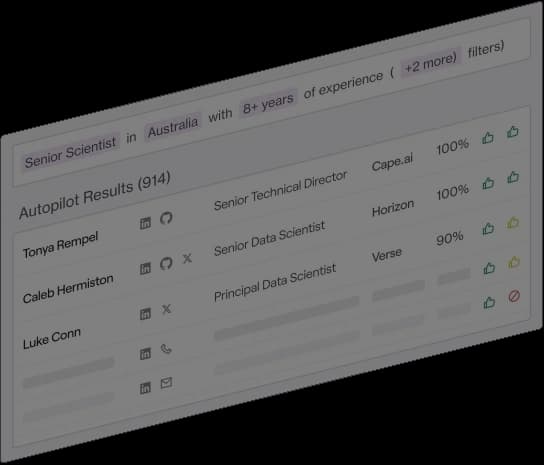juicebox talent search workspace displaying candidate search results for Senior Scientists with matching scores and social profiles.