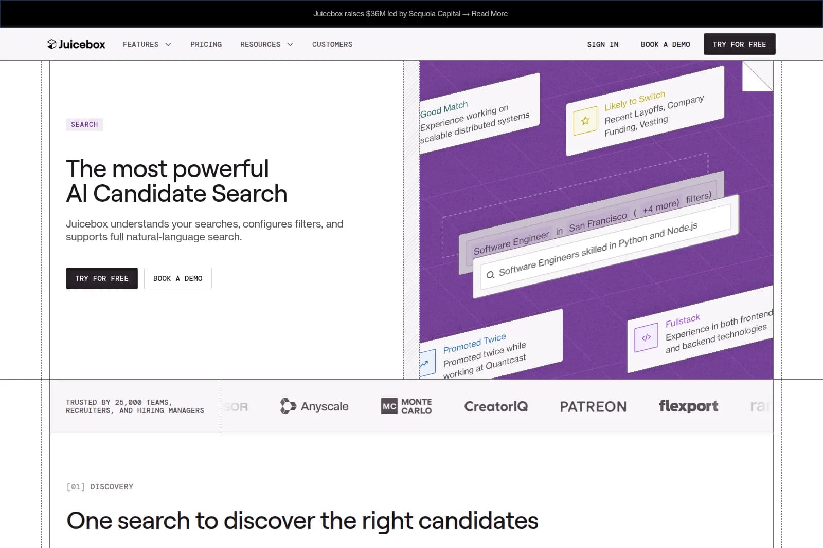Juicebox landing page hero showing AI candidate search interface with dynamic candidate profiles and skill filters on a grid background.