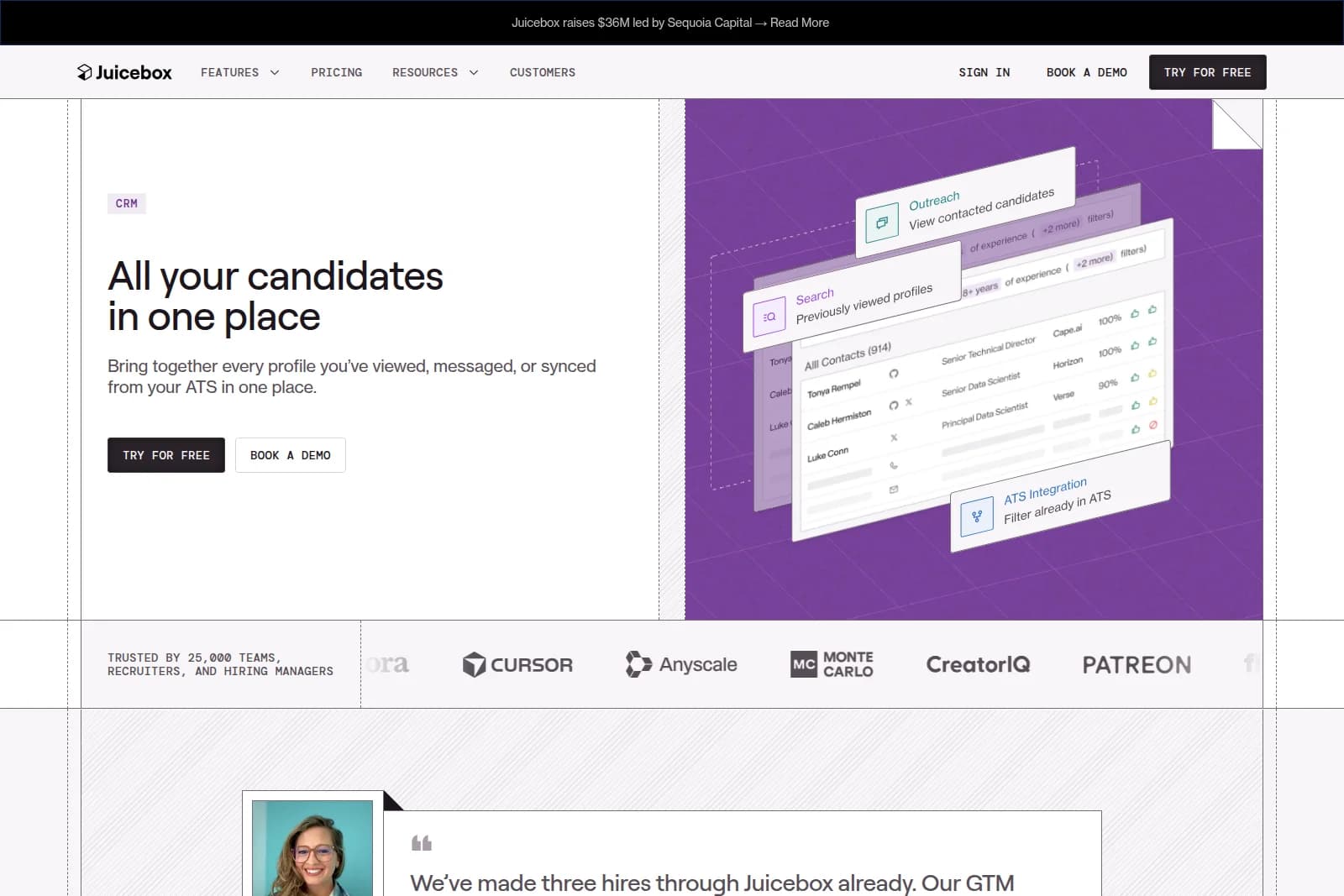 Juicebox CRM landing page hero displaying candidate profiles and ATS integration within a modern, purple-accented UI.