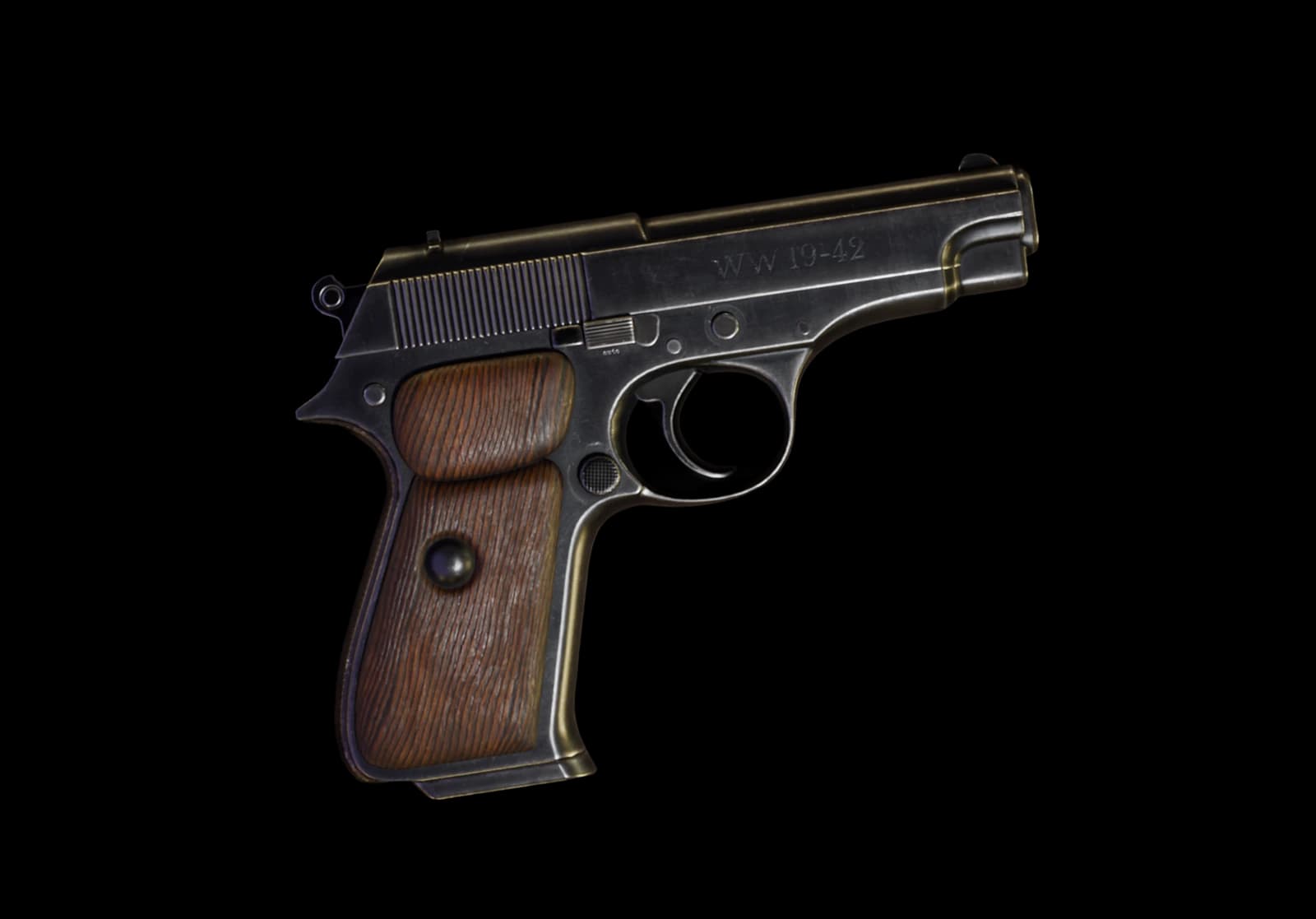 Kaedim 3D model output: highly detailed, realistic World War era pistol with wood grips on a black background.