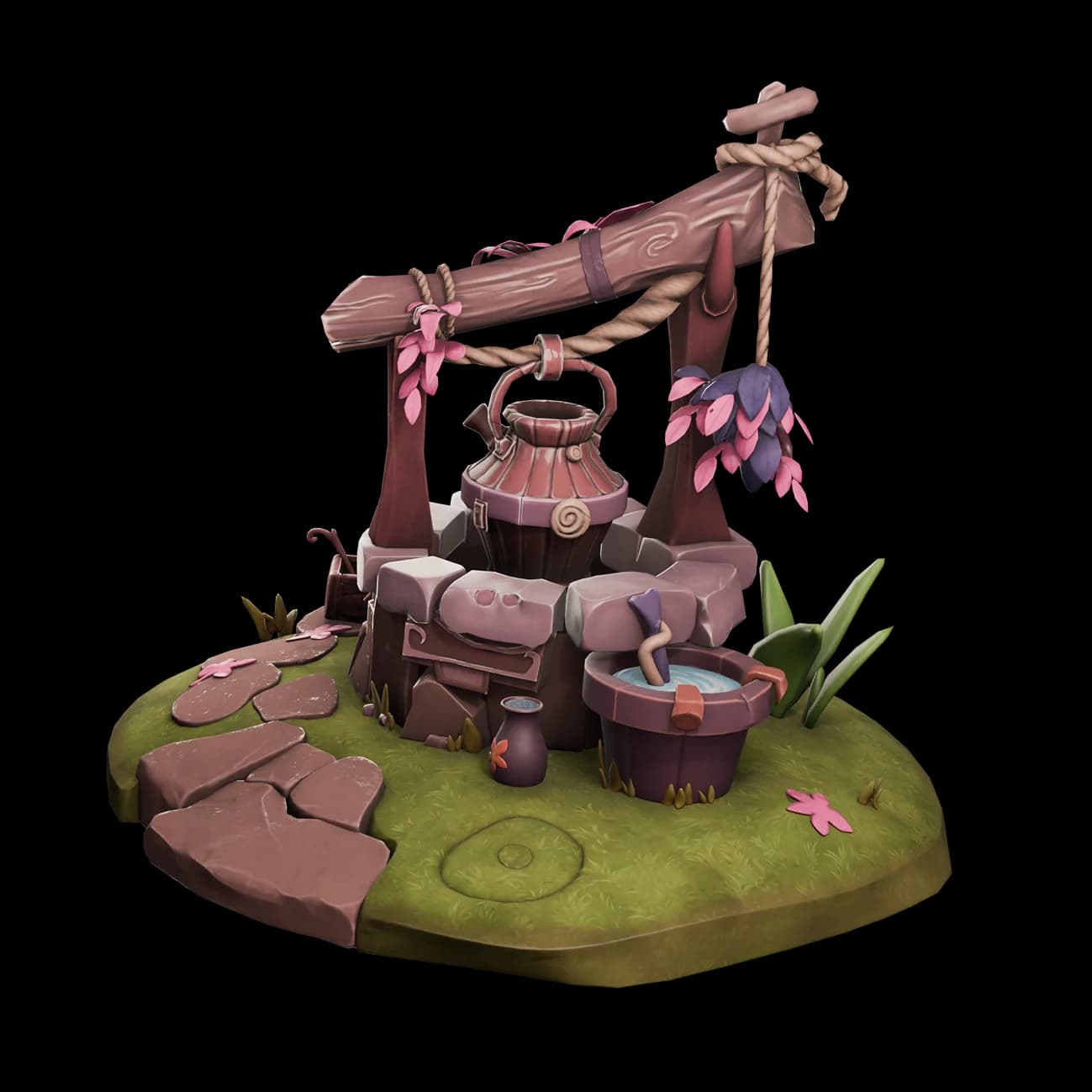 Kaedim output-sample showing a stylized well 3D model with a fantasy art style.