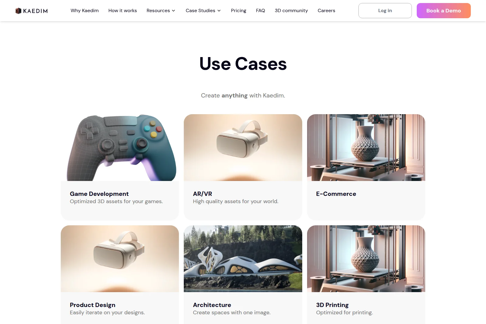 Kaedim use cases page showcasing 3D asset applications for game development, AR/VR, and architecture with a clean white interface.