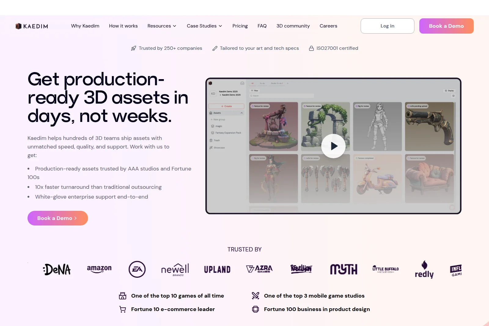 Kaedim homepage showcasing production-ready 3D assets managed within a sleek, modern asset viewer interface with a video demo.