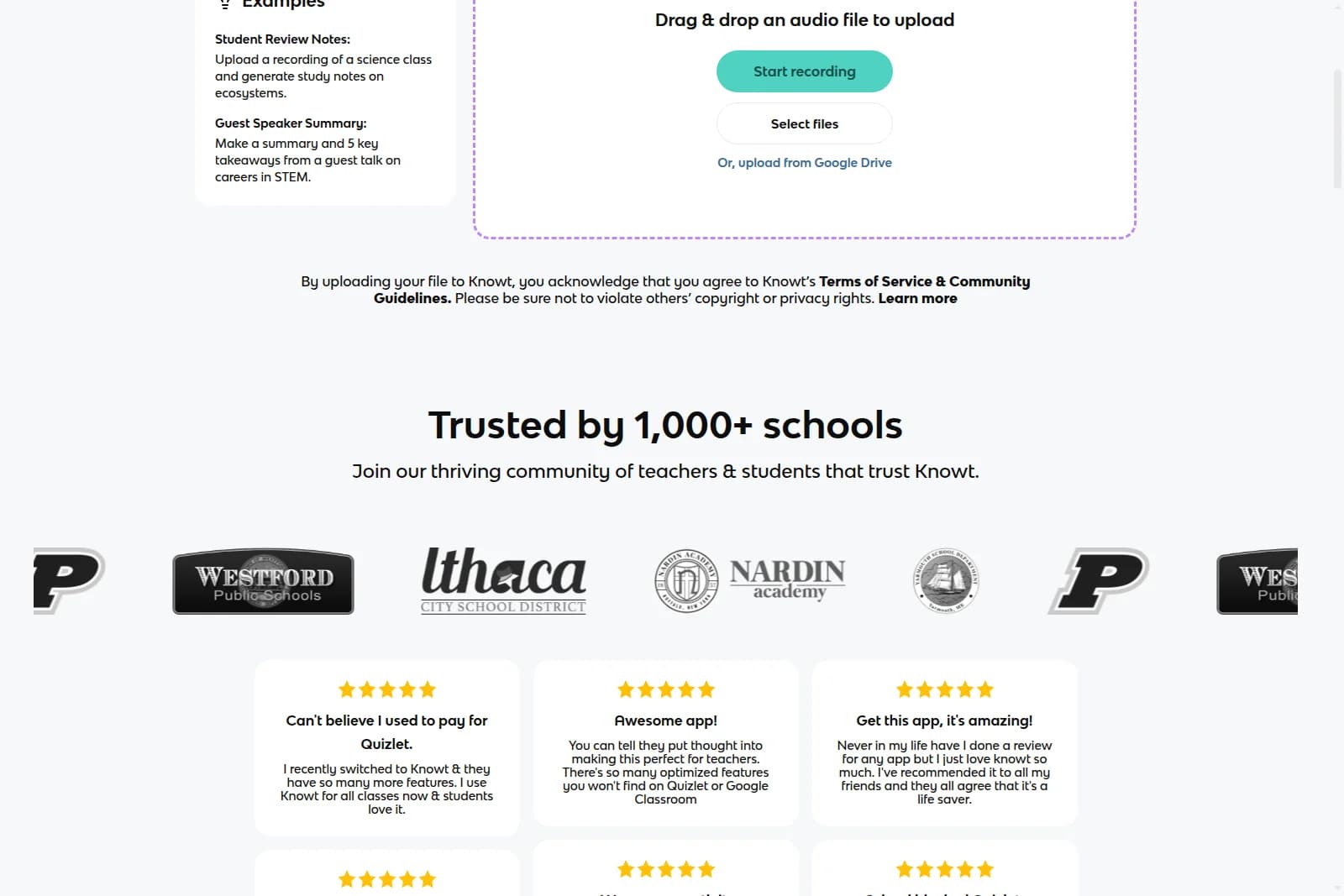 Knowt audio note-taker showing file upload and recording interface with example study notes.