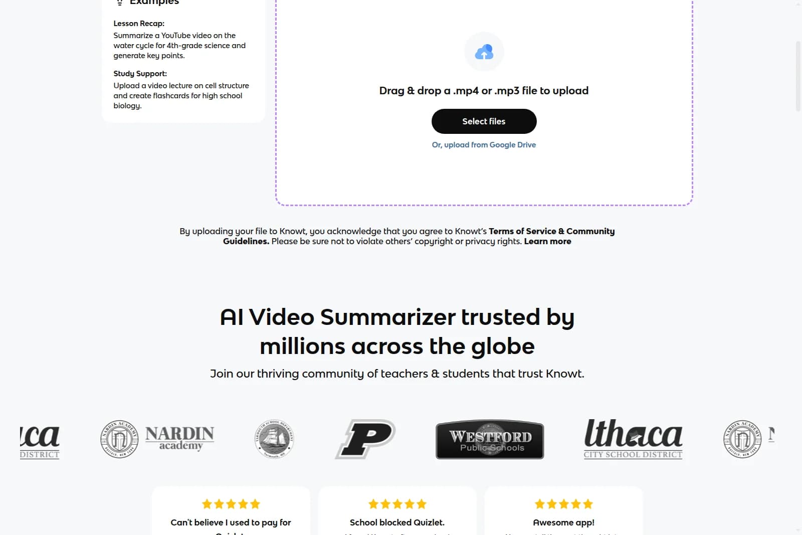 Knowt AI video summarizer workspace showing file upload interface with a clean, light theme.