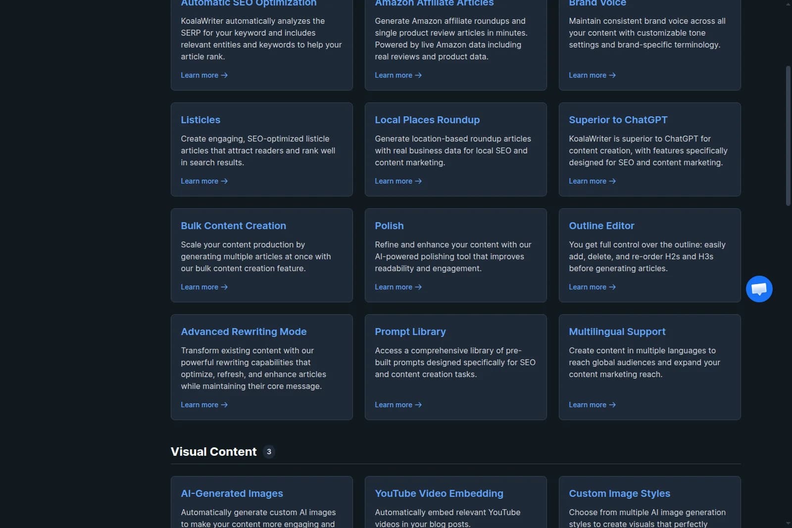 KoalaWriter features page displaying a grid of AI content creation capabilities with a dark-themed interface.